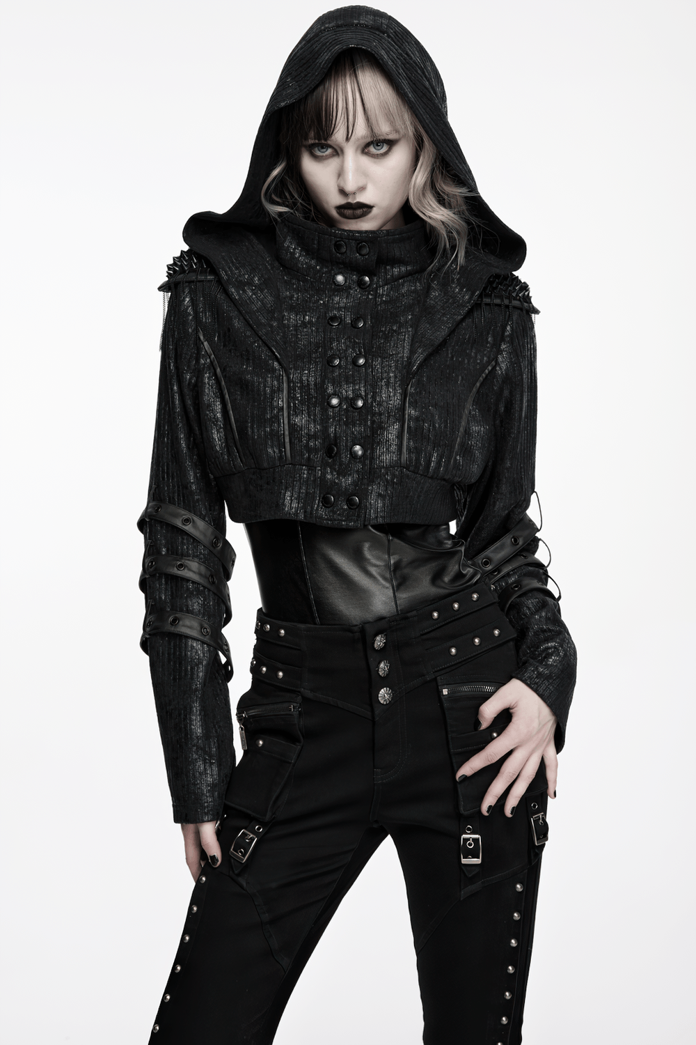 Black Ribbed Punk Jacket with Hood and Leather Cuffs