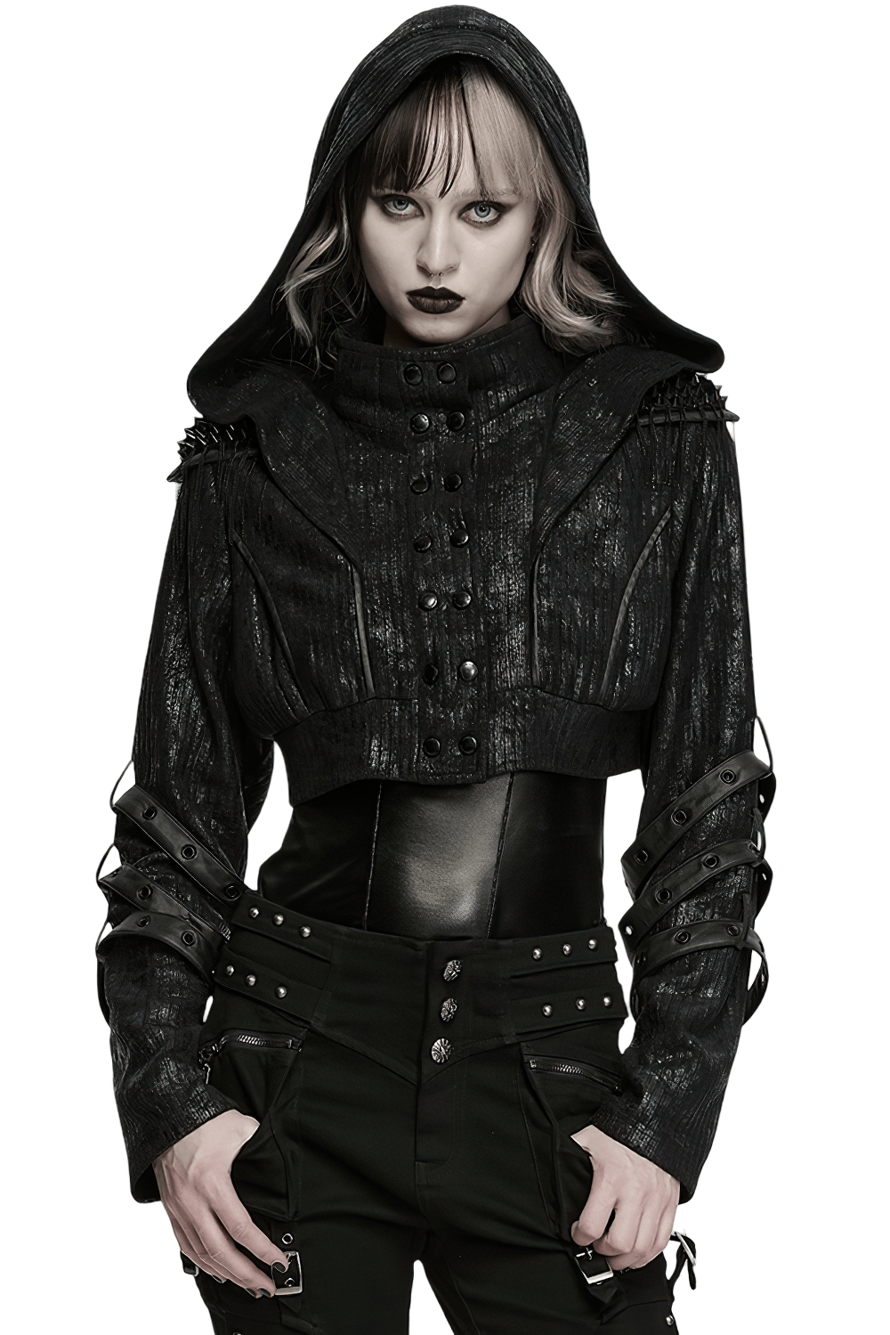 Black Ribbed Punk Jacket with Hood and Leather Cuffs