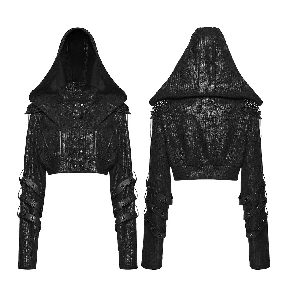 Black Ribbed Punk Jacket with Hood and Leather Cuffs