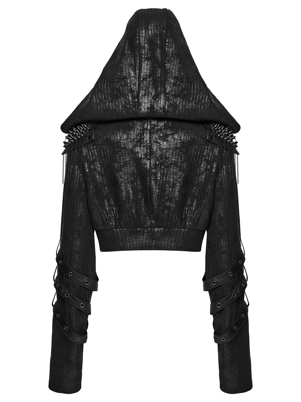 Black Ribbed Punk Jacket with Hood and Leather Cuffs