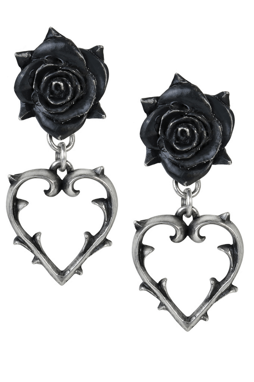 Black Rose and Heart Earrings with Pewter Detailing