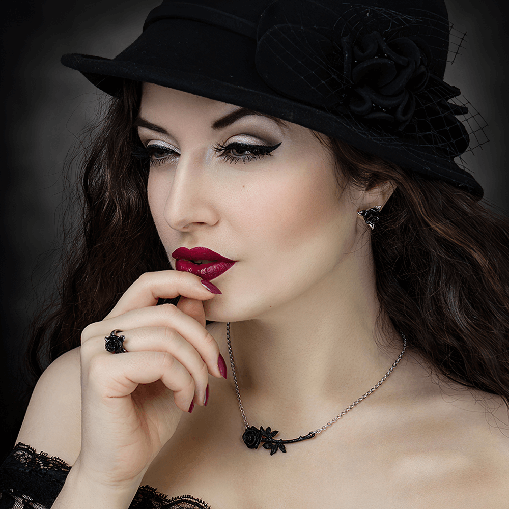 Black Rose Triangular Stud Earrings with Pewter Details