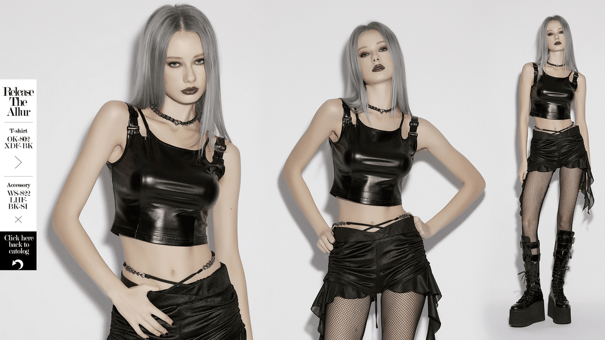 Black Rubberized Punk Techwear Crop Top Women