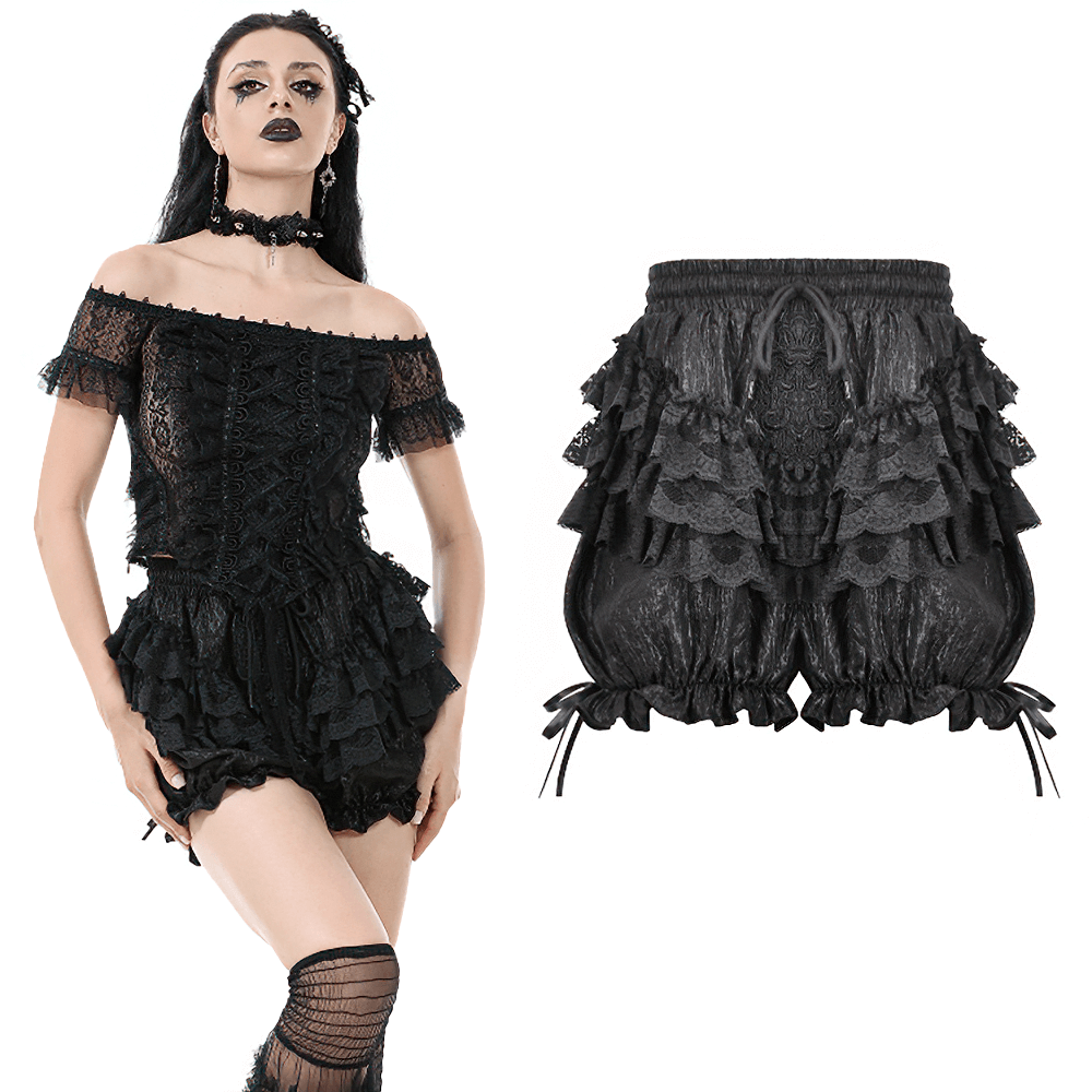 Black Ruffle Lace Bloomers Shorts with Tying Ribbons Detail