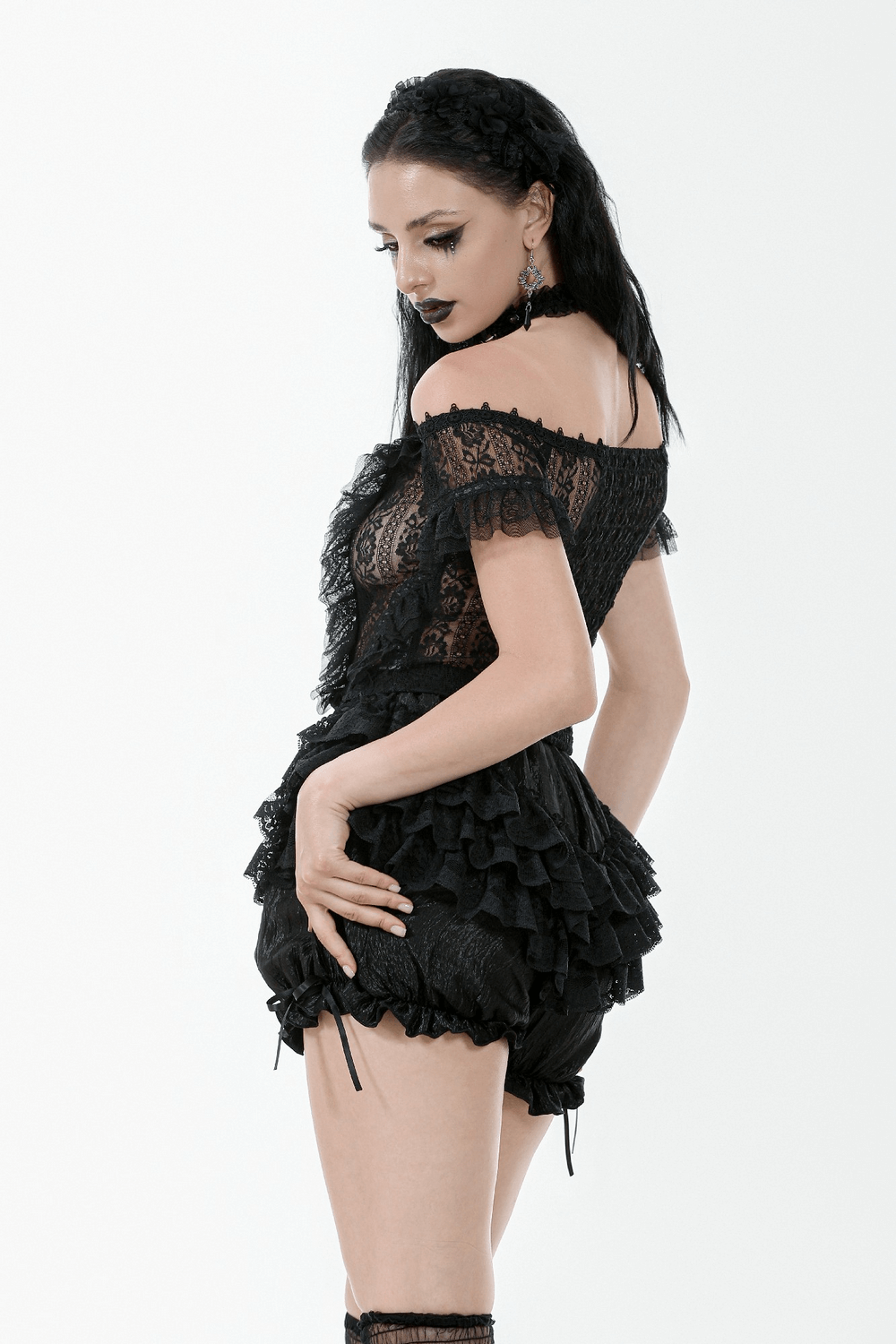 Black Ruffle Lace Bloomers Shorts with Tying Ribbons Detail