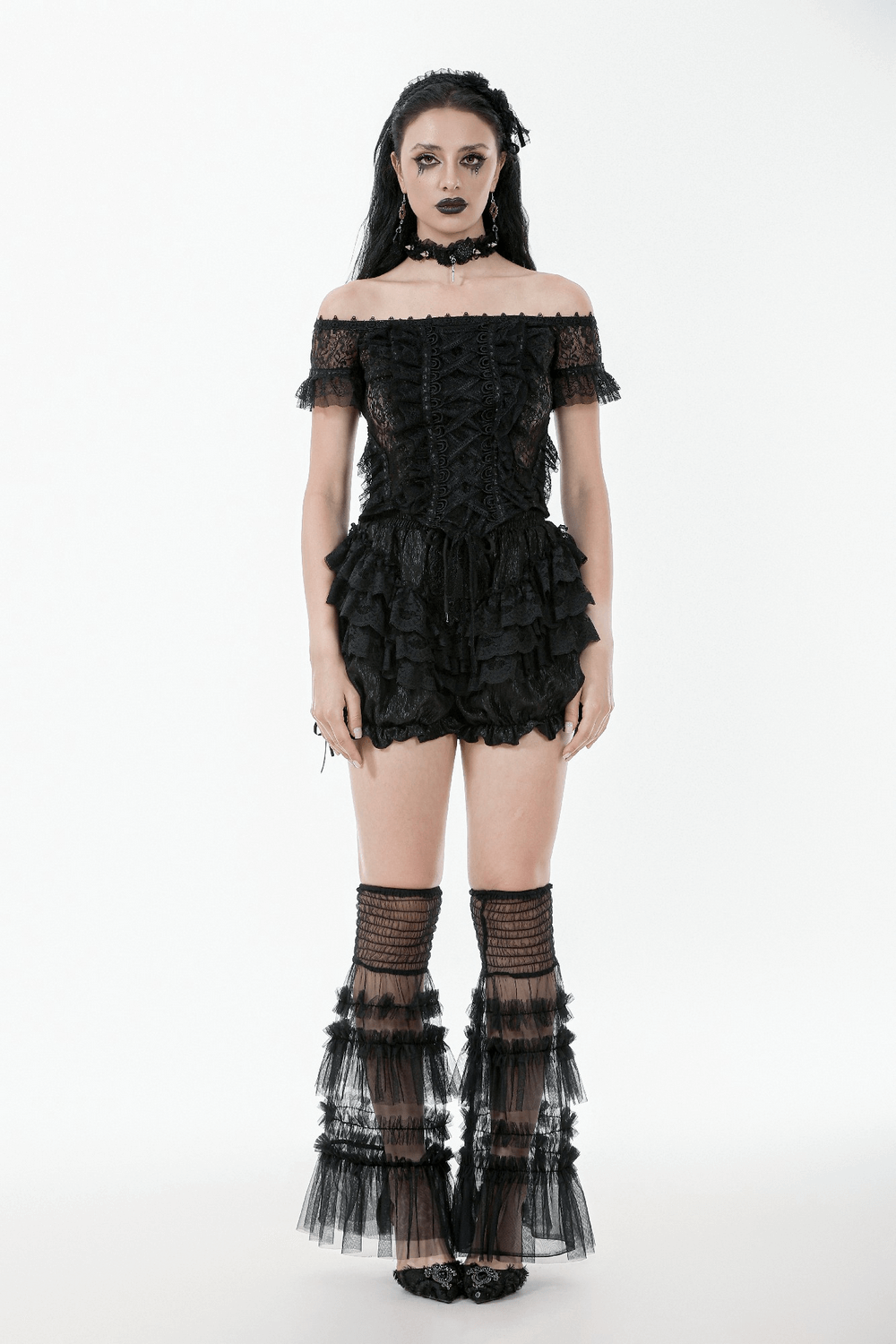 Black Ruffle Lace Bloomers Shorts with Tying Ribbons Detail