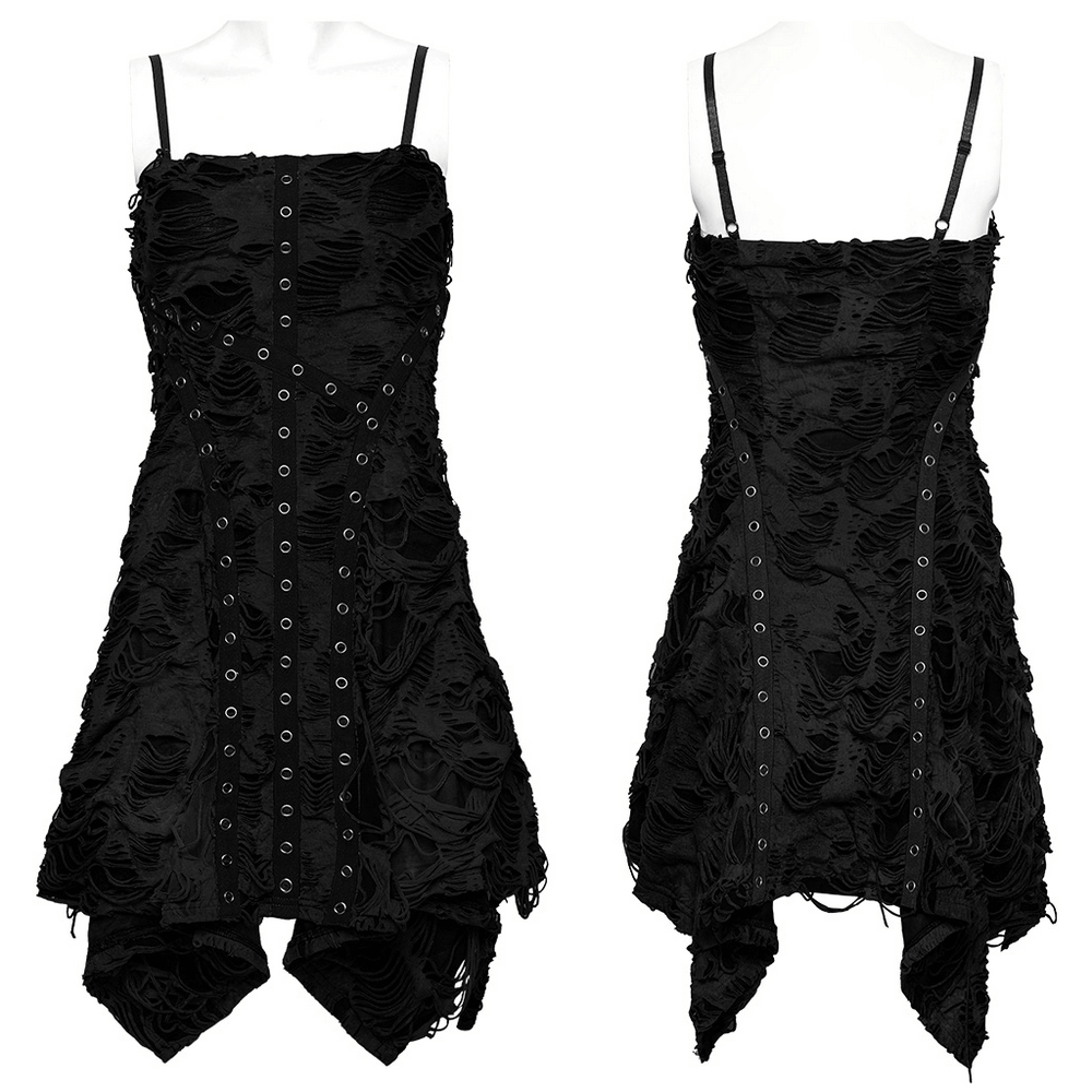 Black Shredded Punk Mini Dress with Tattered Texture