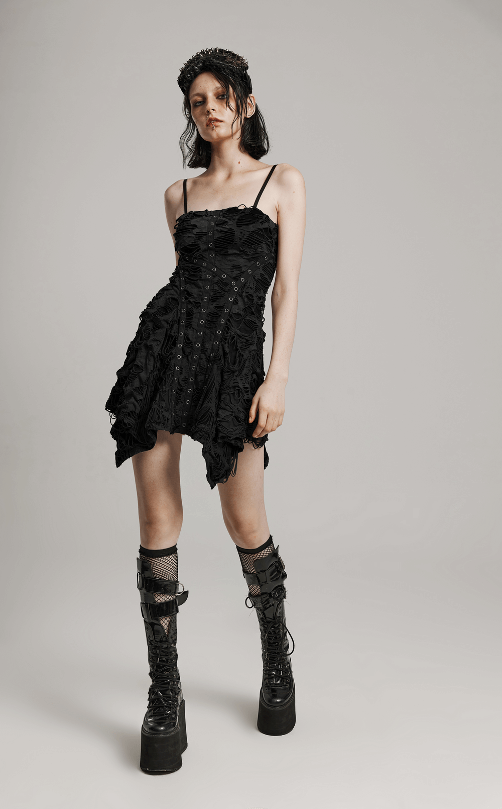 Black Shredded Punk Mini Dress with Tattered Texture