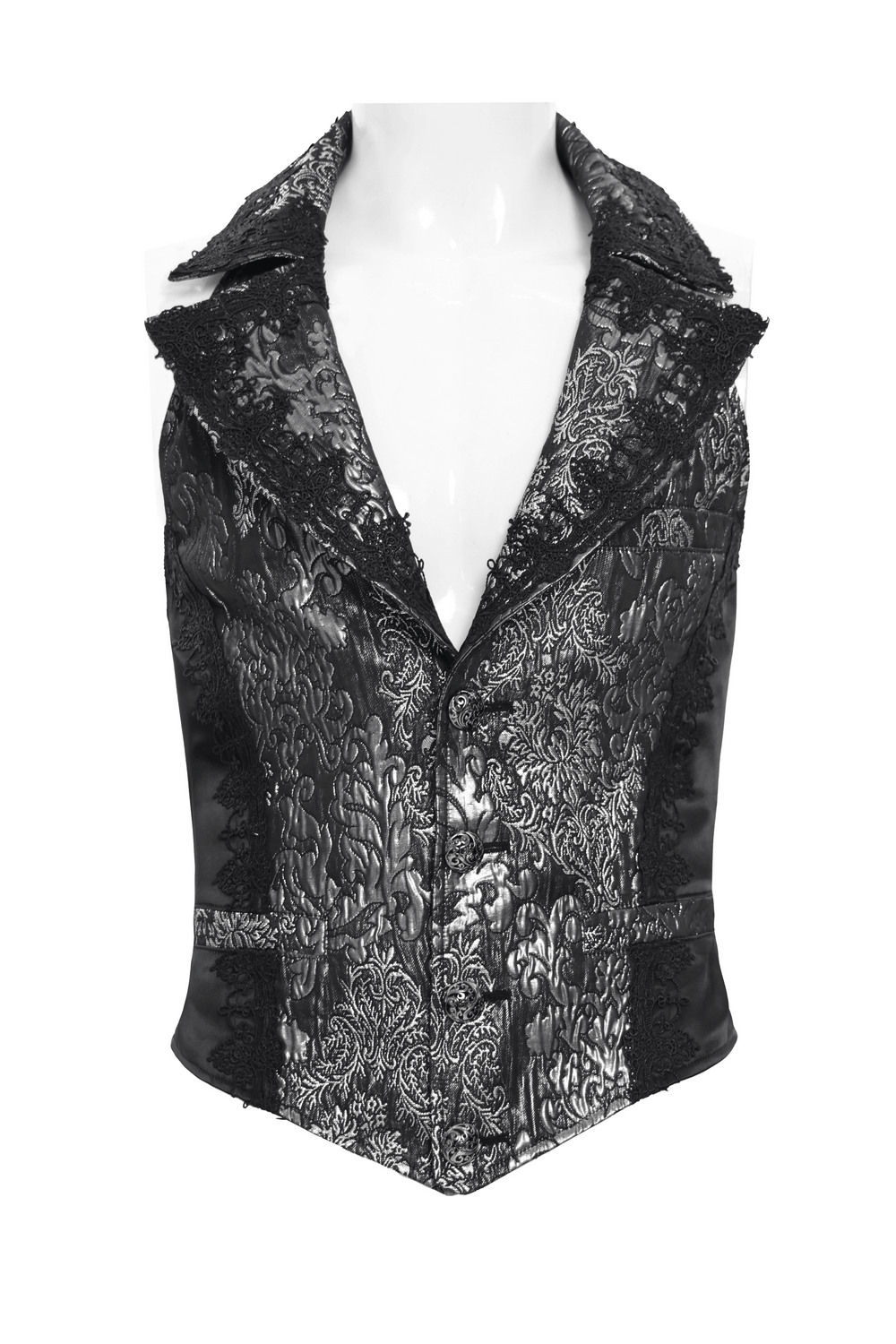 Black Silver Gothic Brocade Waistcoat with Lace