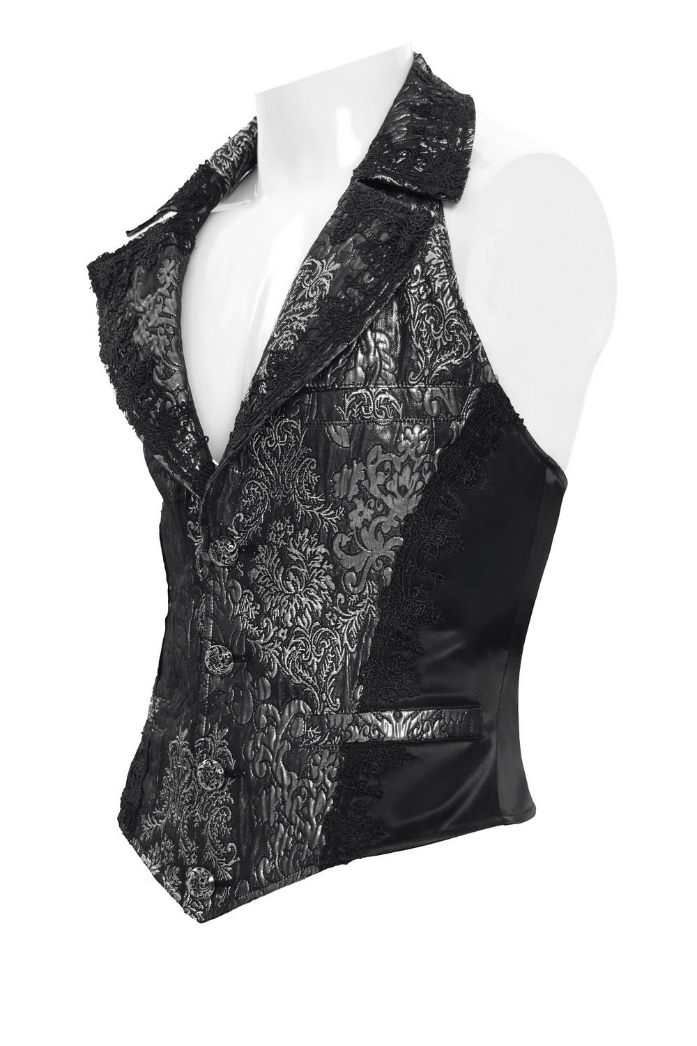 Black Silver Gothic Brocade Waistcoat with Lace