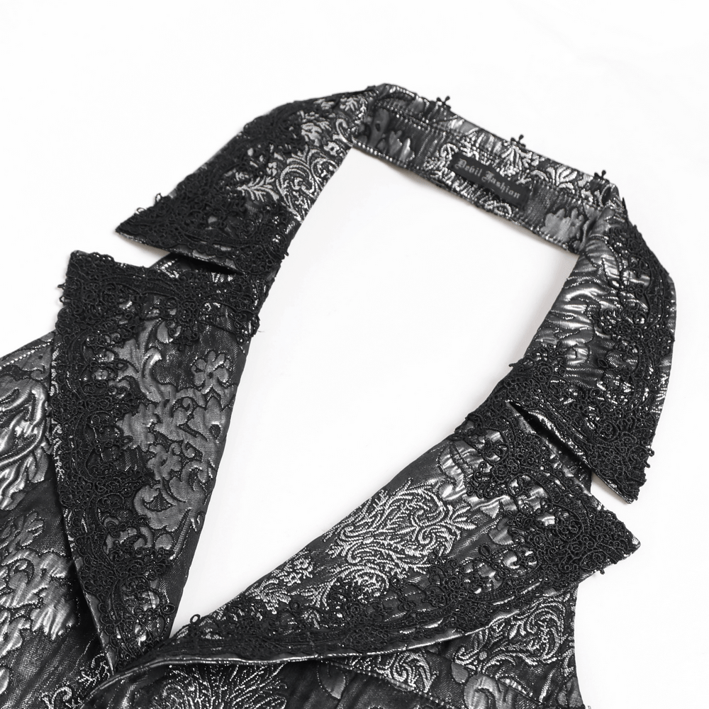 Black Silver Gothic Brocade Waistcoat with Lace