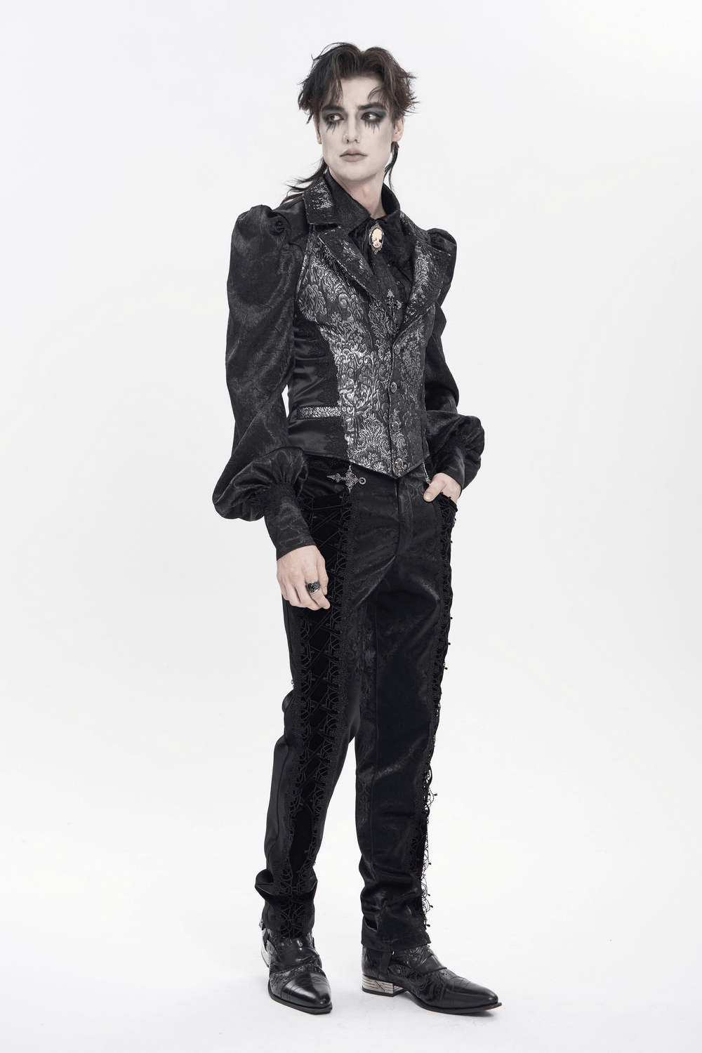 Black Silver Gothic Brocade Waistcoat with Lace