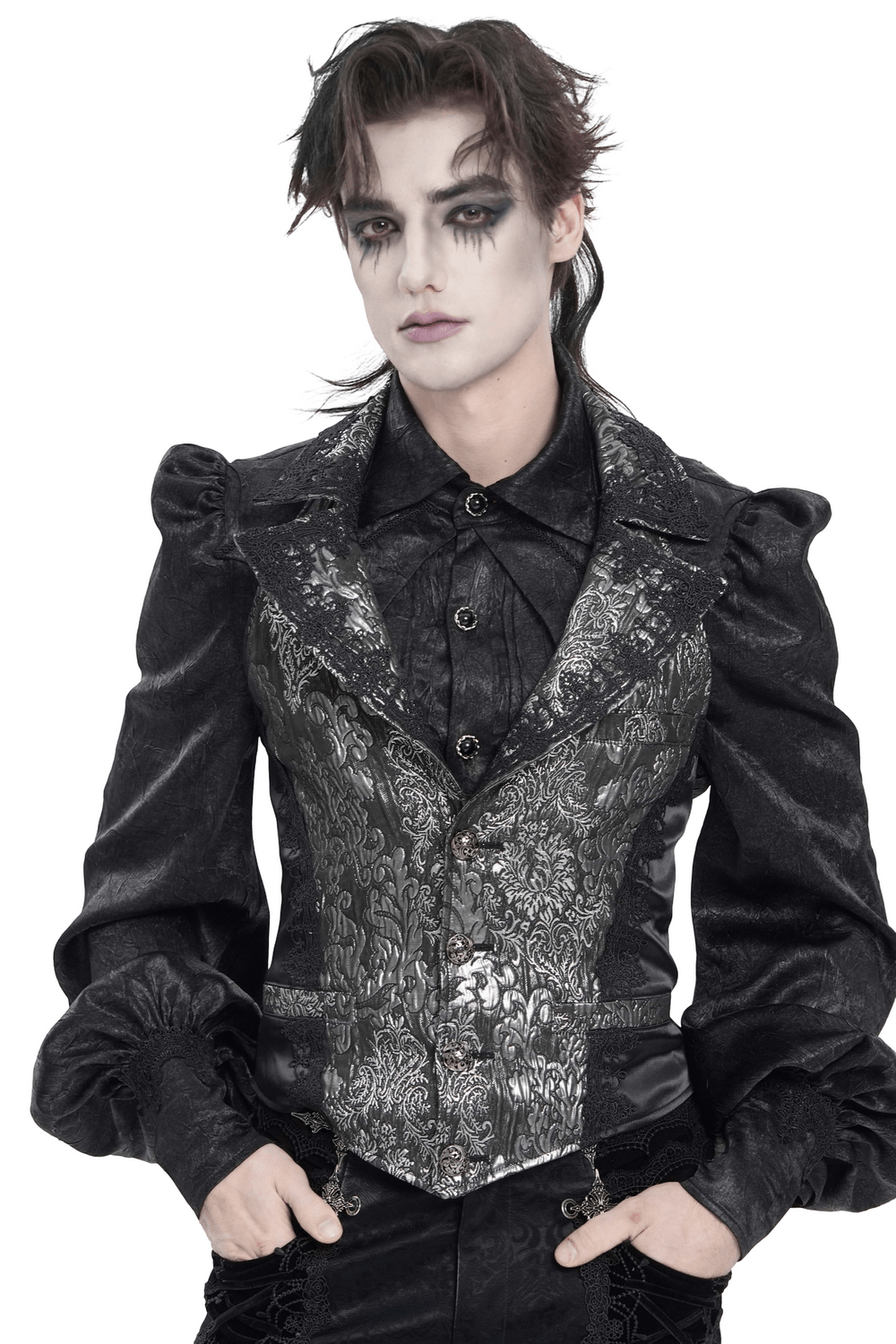 Black Silver Gothic Brocade Waistcoat with Lace