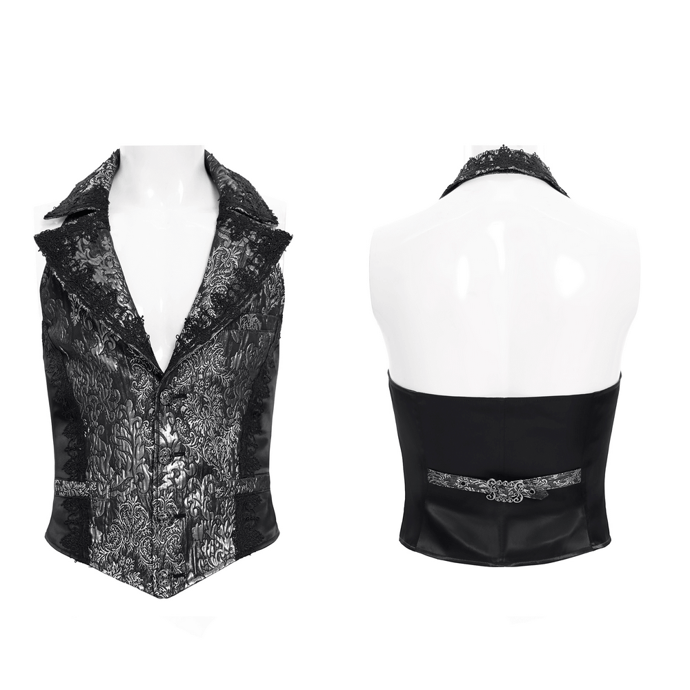 Black Silver Gothic Brocade Waistcoat with Lace