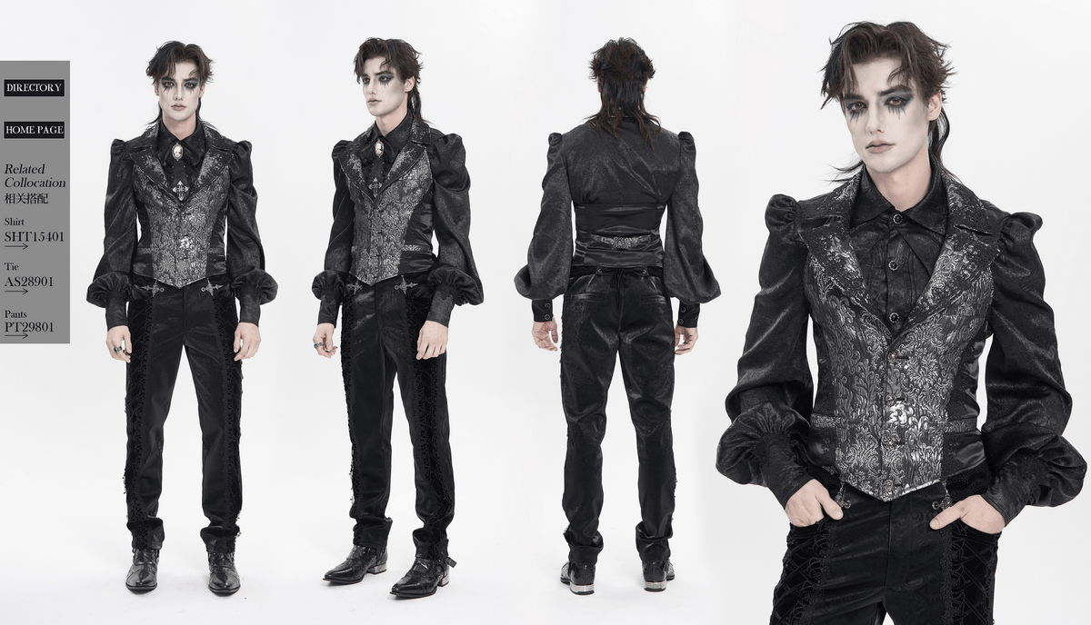 Black Silver Gothic Brocade Waistcoat with Lace