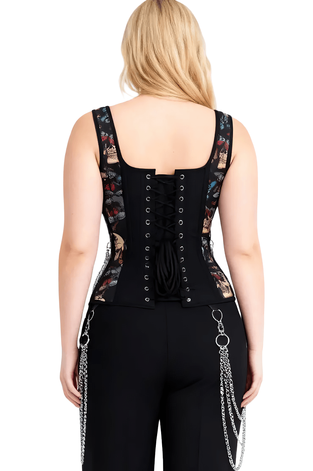 Black Skull Butterfly Gothic Overbust Corset with Chain Trim