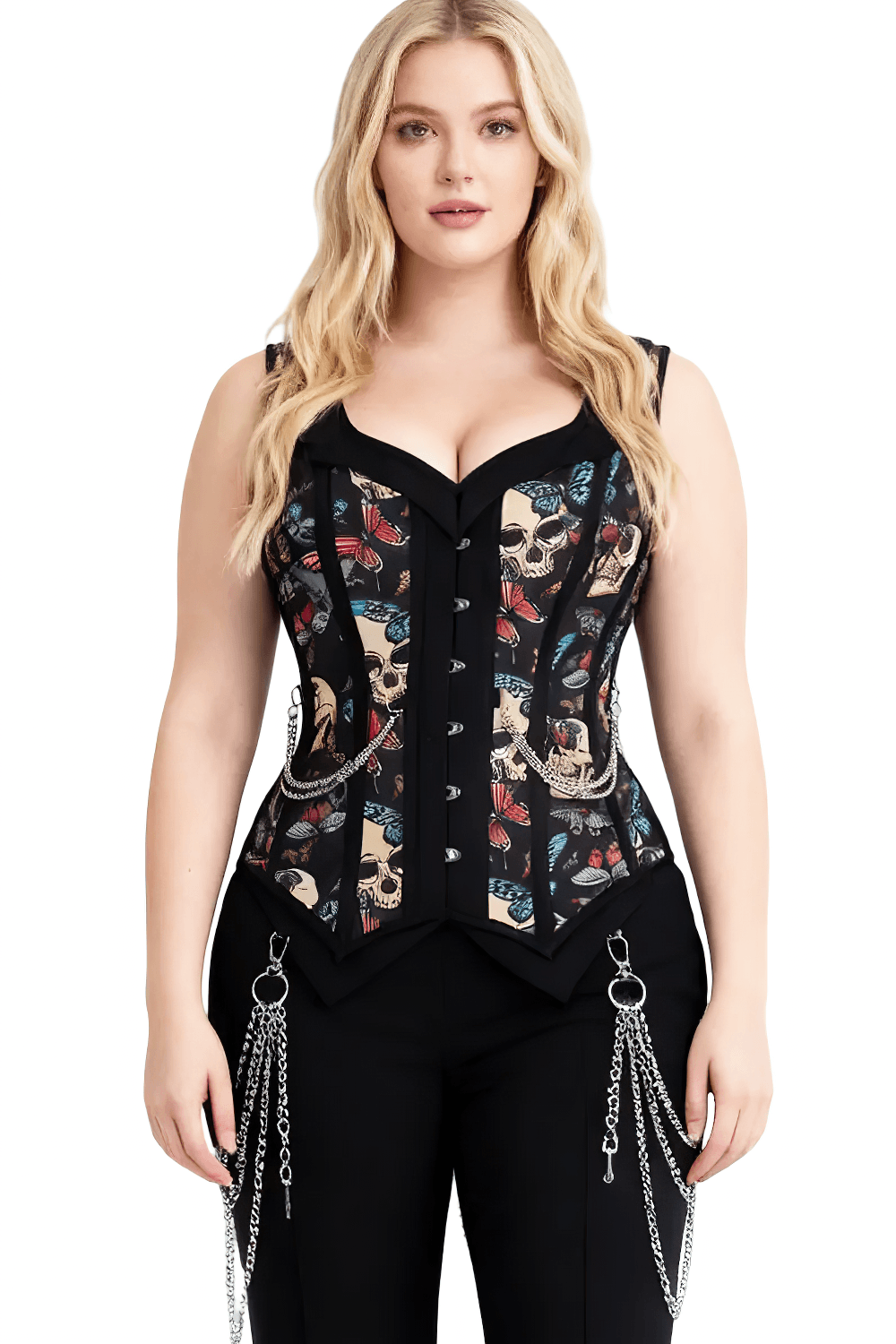 US SALE of Black Skull Butterfly Gothic Overbust Corset with Chain Trim
