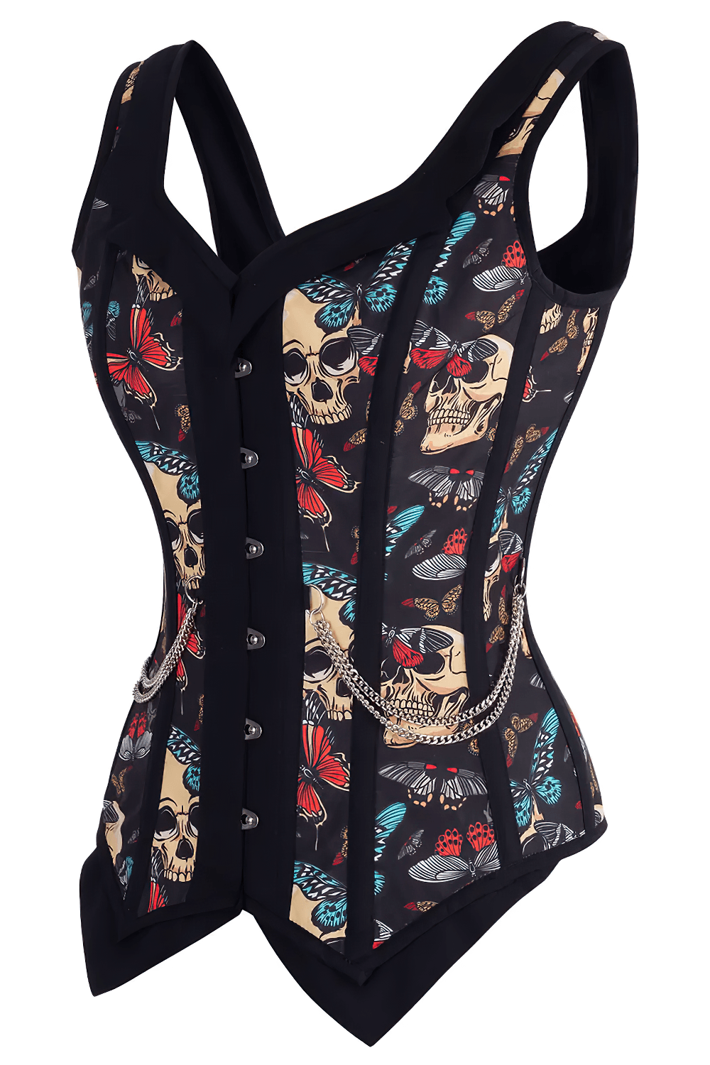 US SALE of Black Skull Butterfly Gothic Overbust Corset with Chain Trim