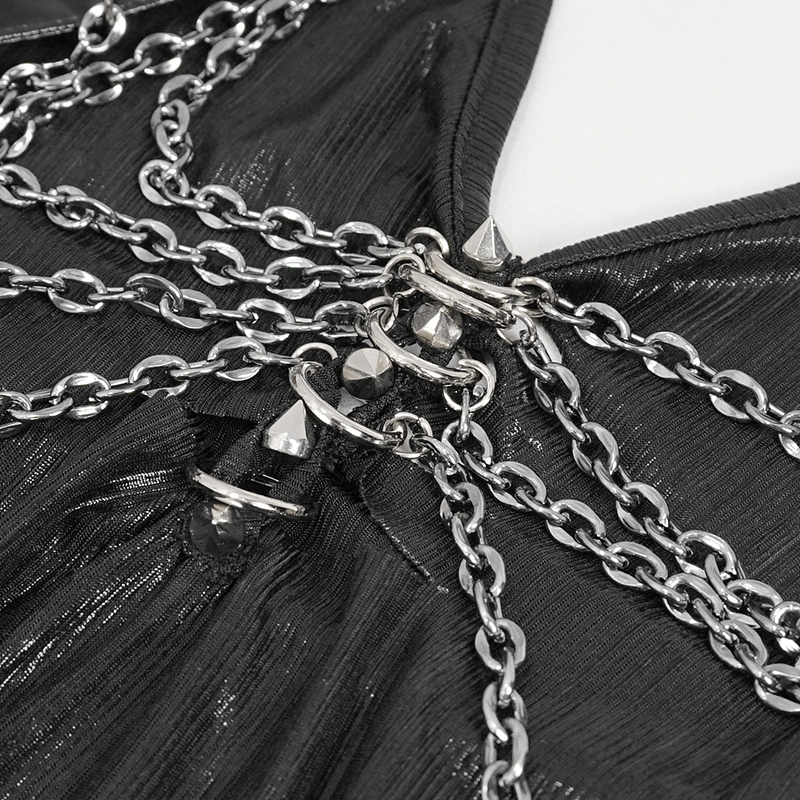 Black Sleevless High Slit On Side Long Dress / Gothic Women's Clothing with Chain