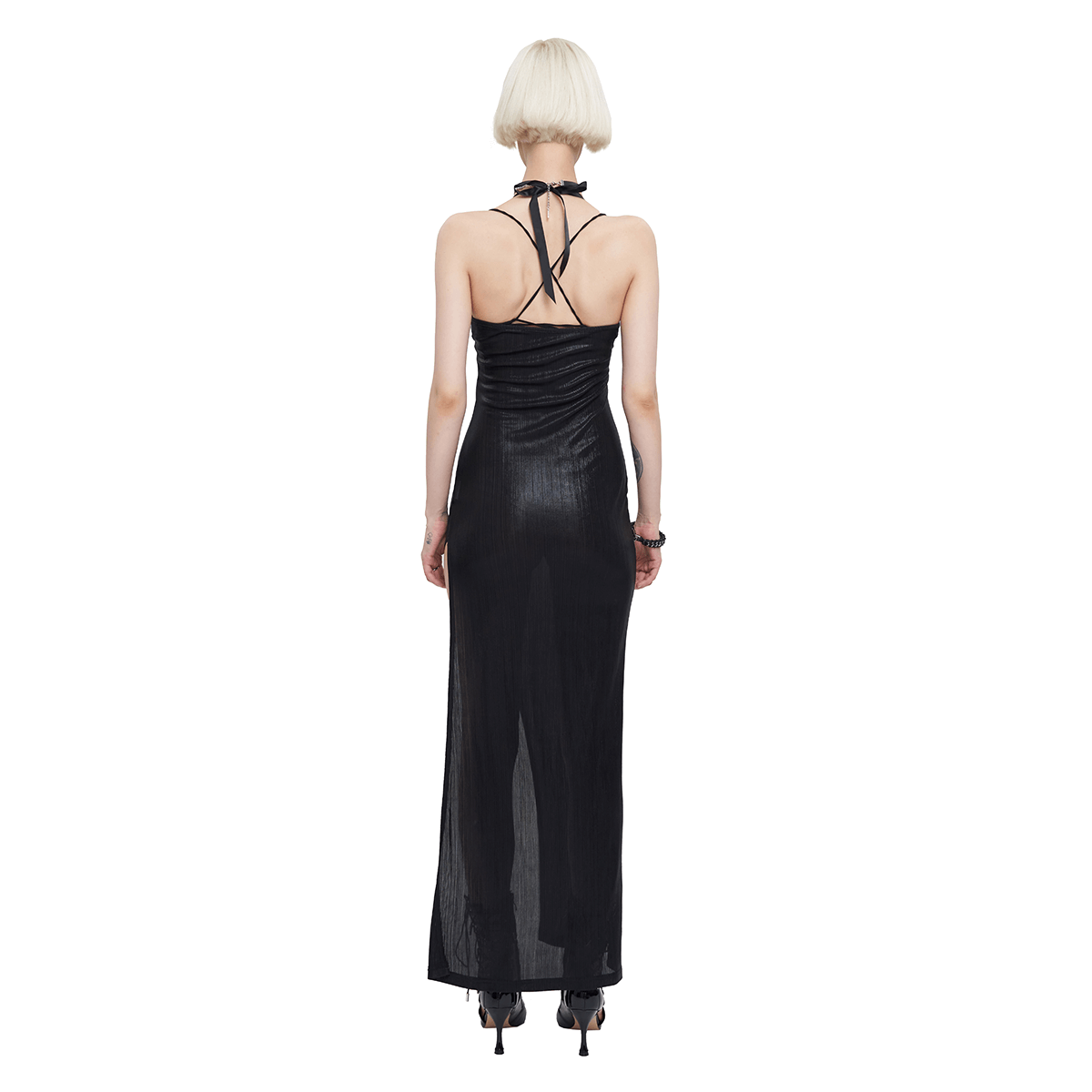 Black Sleevless High Slit On Side Long Dress / Gothic Women's Clothing with Chain