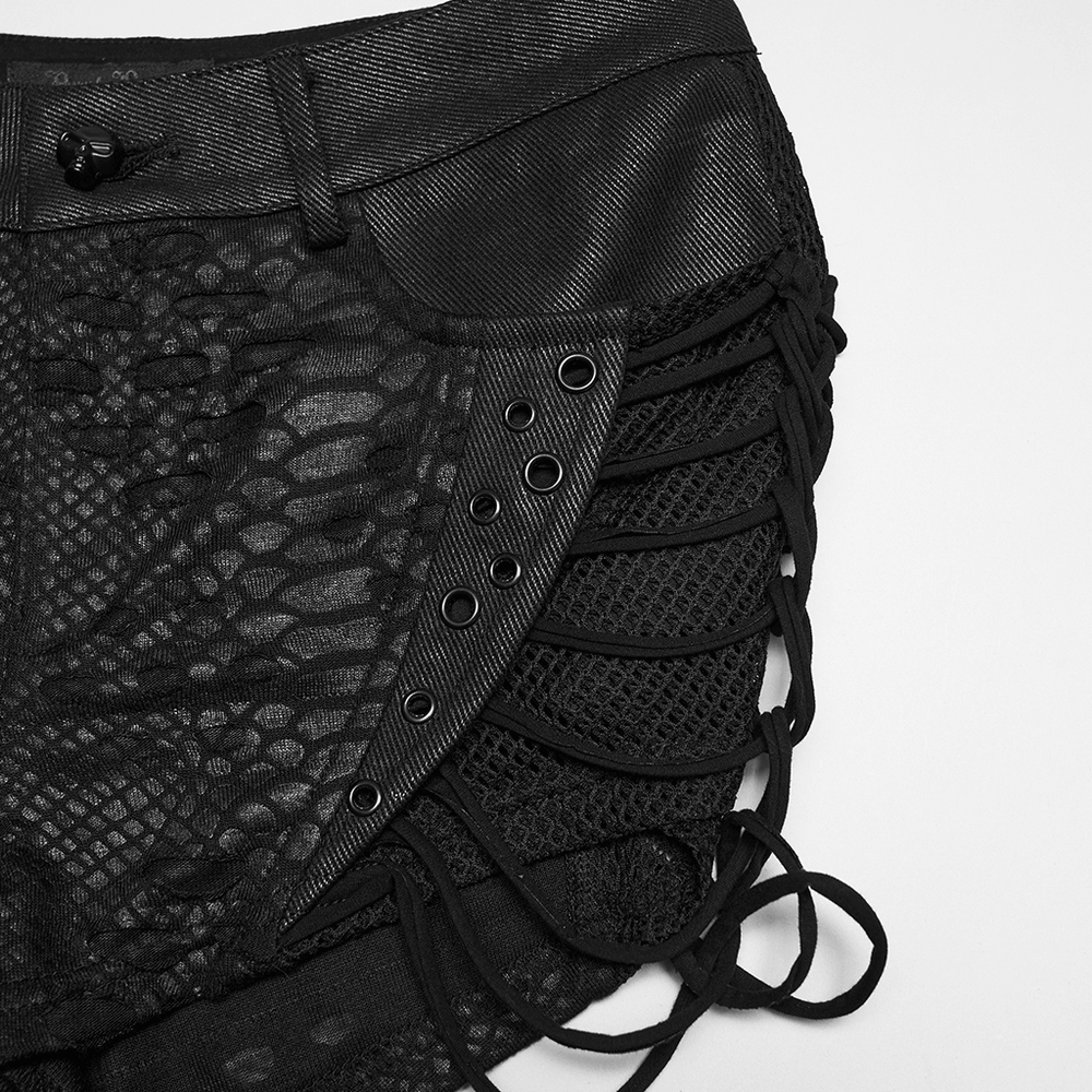 Black Snake-Print Punk Low Waist Lace-Up Shorts