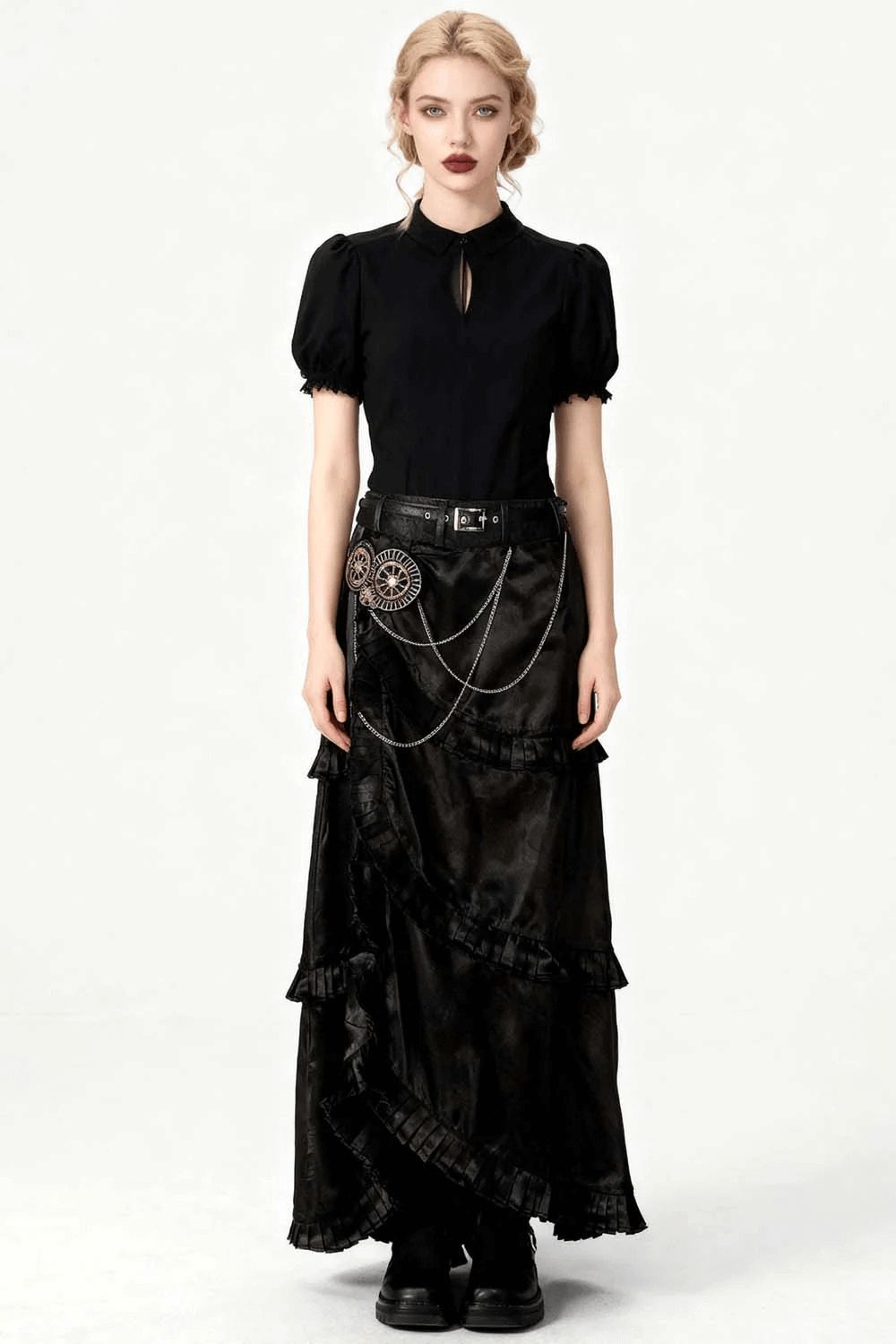Black Steampunk Layered High Low Skirt with Chain Detail