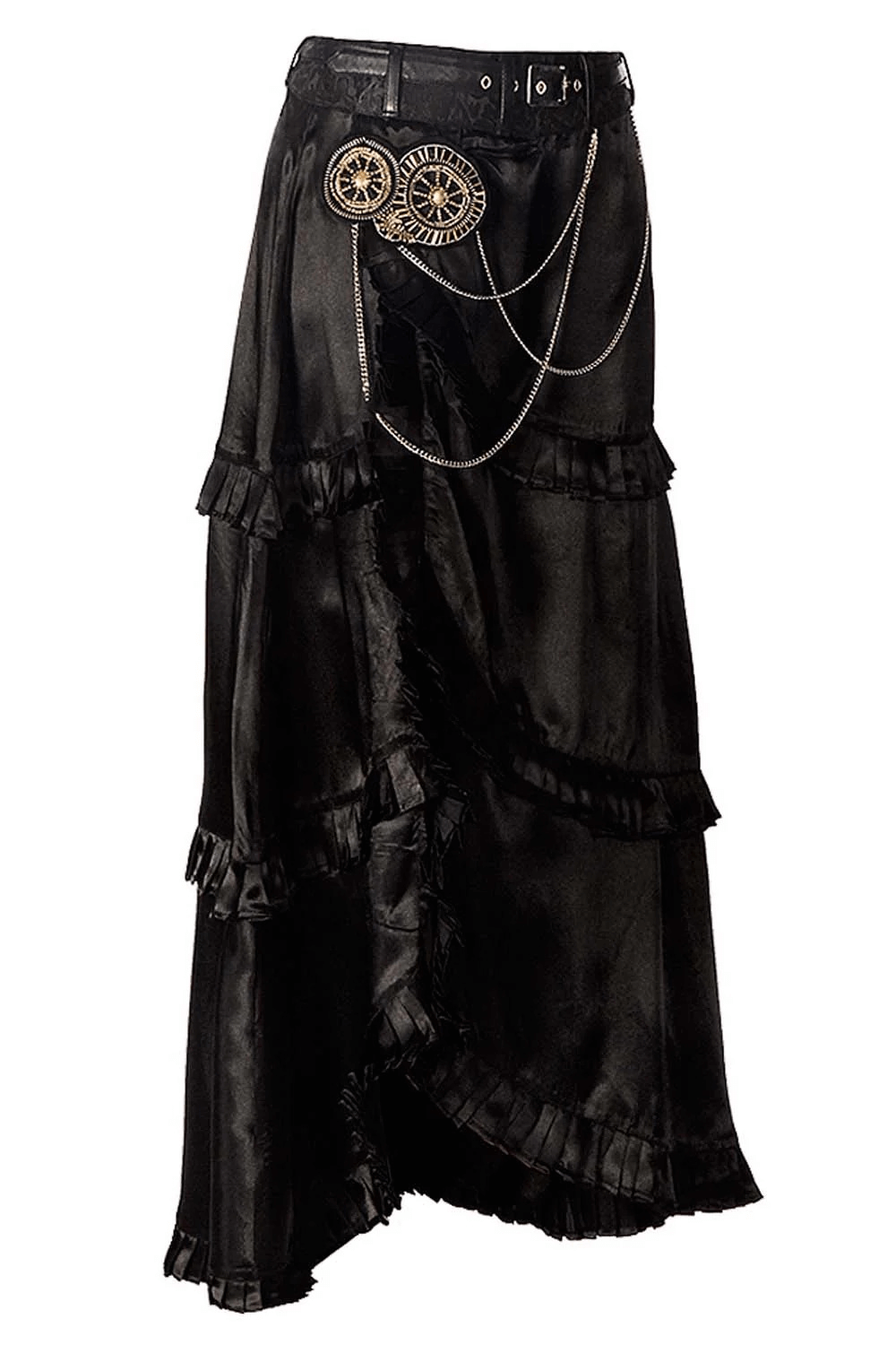 Black Steampunk Layered High Low Skirt with Chain Detail