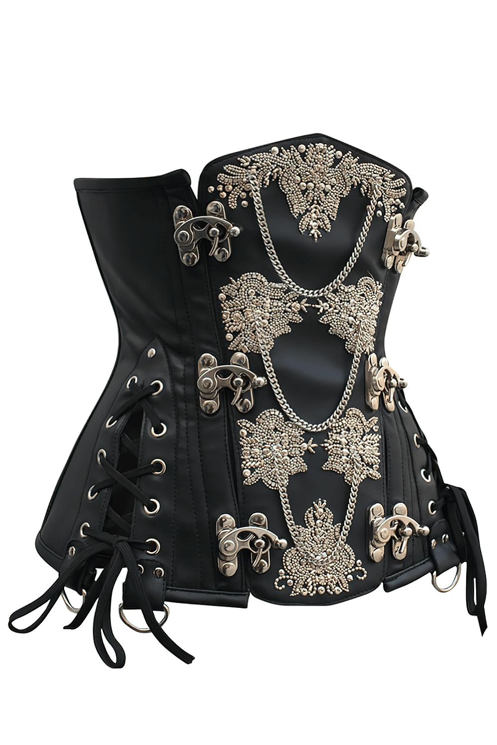 Black Steampunk Underbust Corset with Embroidered Chain Trim