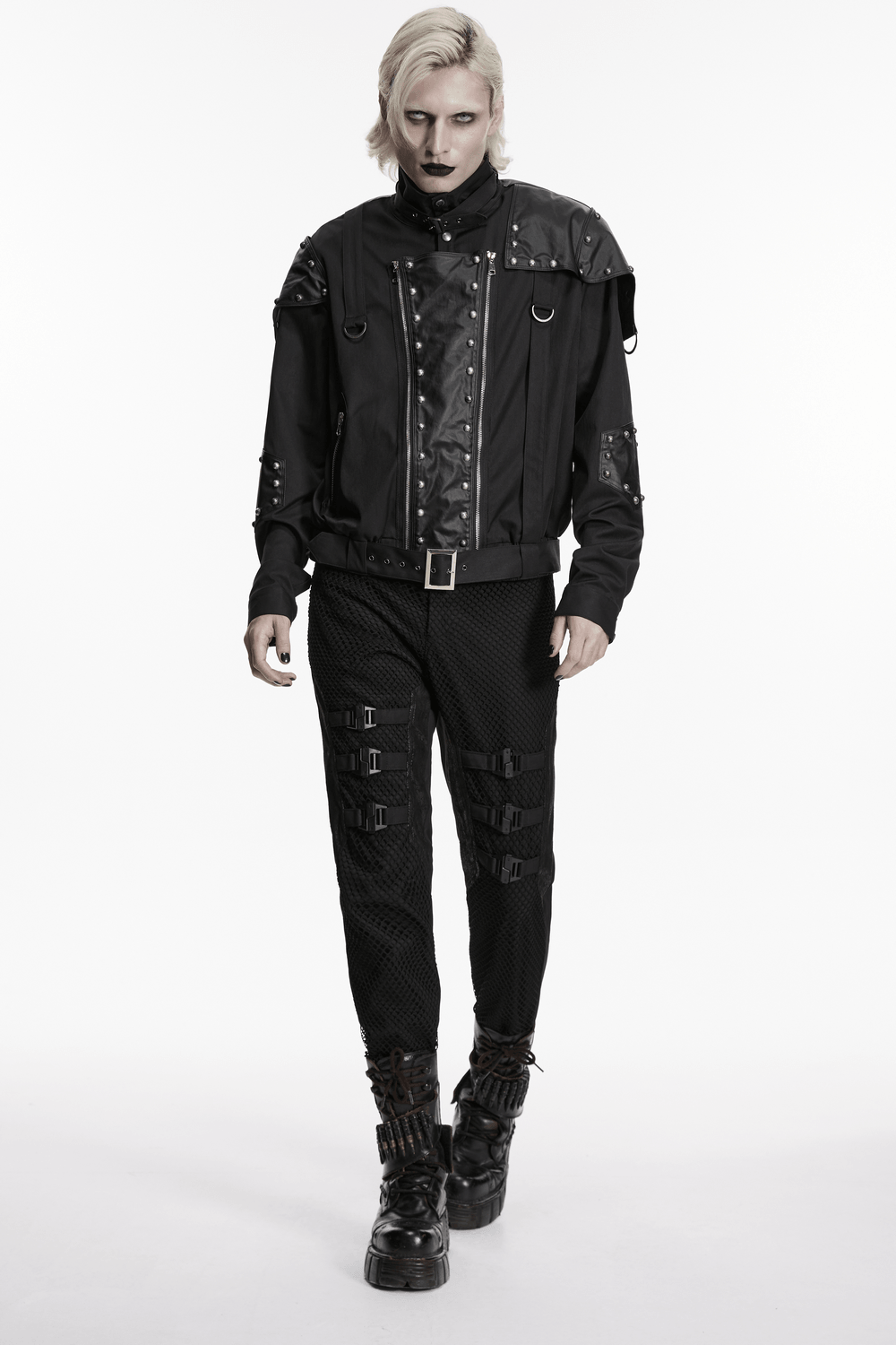 Black Studded Cropped Biker Jacket with D-Rings