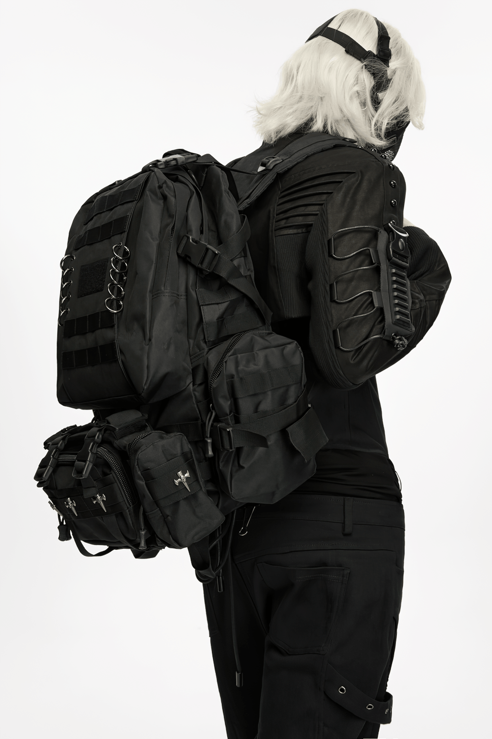 Black Tactical Backpack with Webbing and Pouches