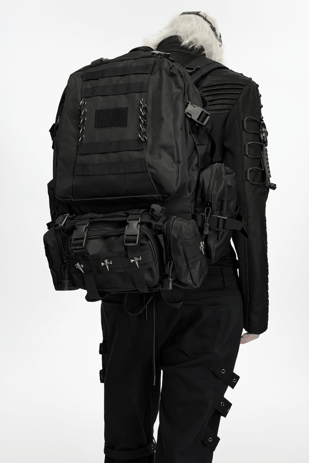 Black Tactical Backpack with Webbing and Pouches