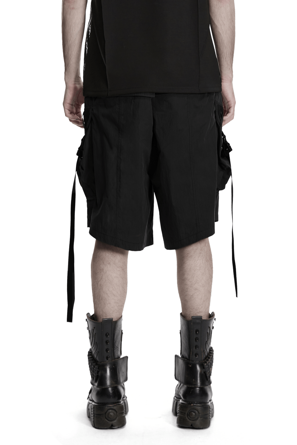 Black Techwear Cargo Shorts With Hanging Straps