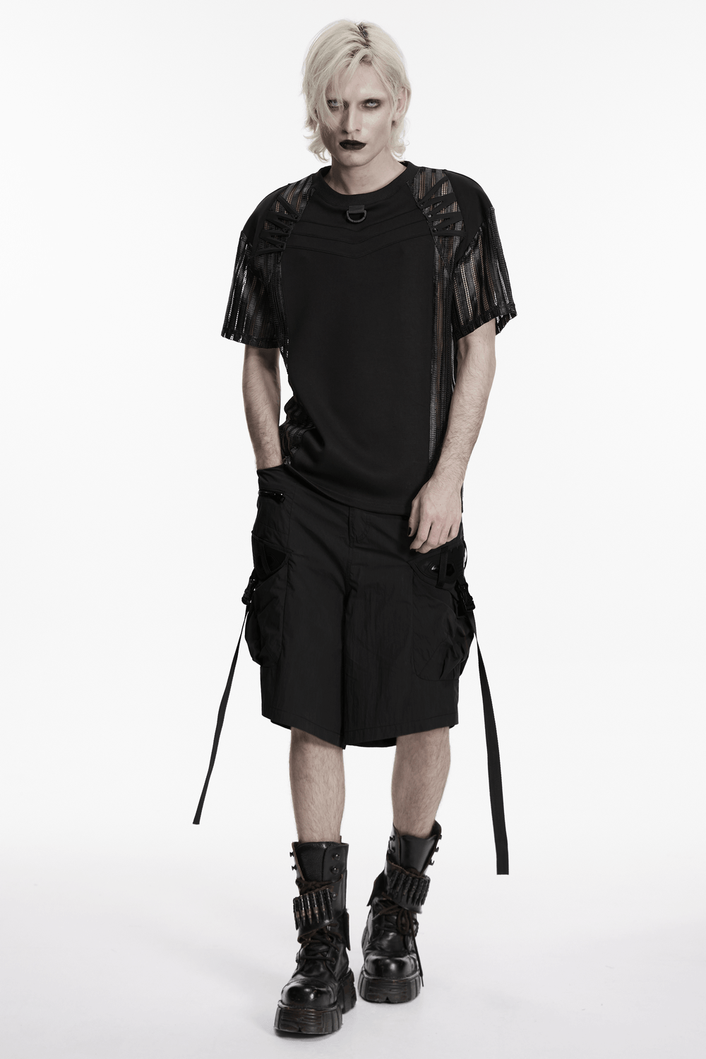 Black Techwear Cargo Shorts With Hanging Straps