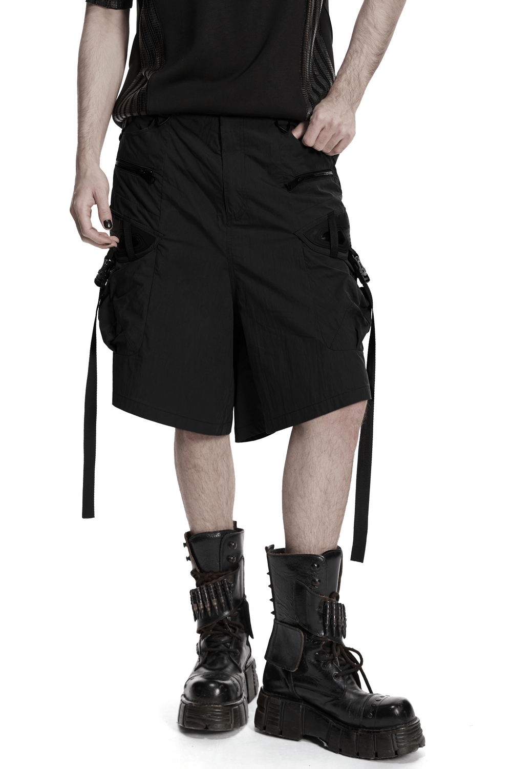 Black Techwear Cargo Shorts With Hanging Straps