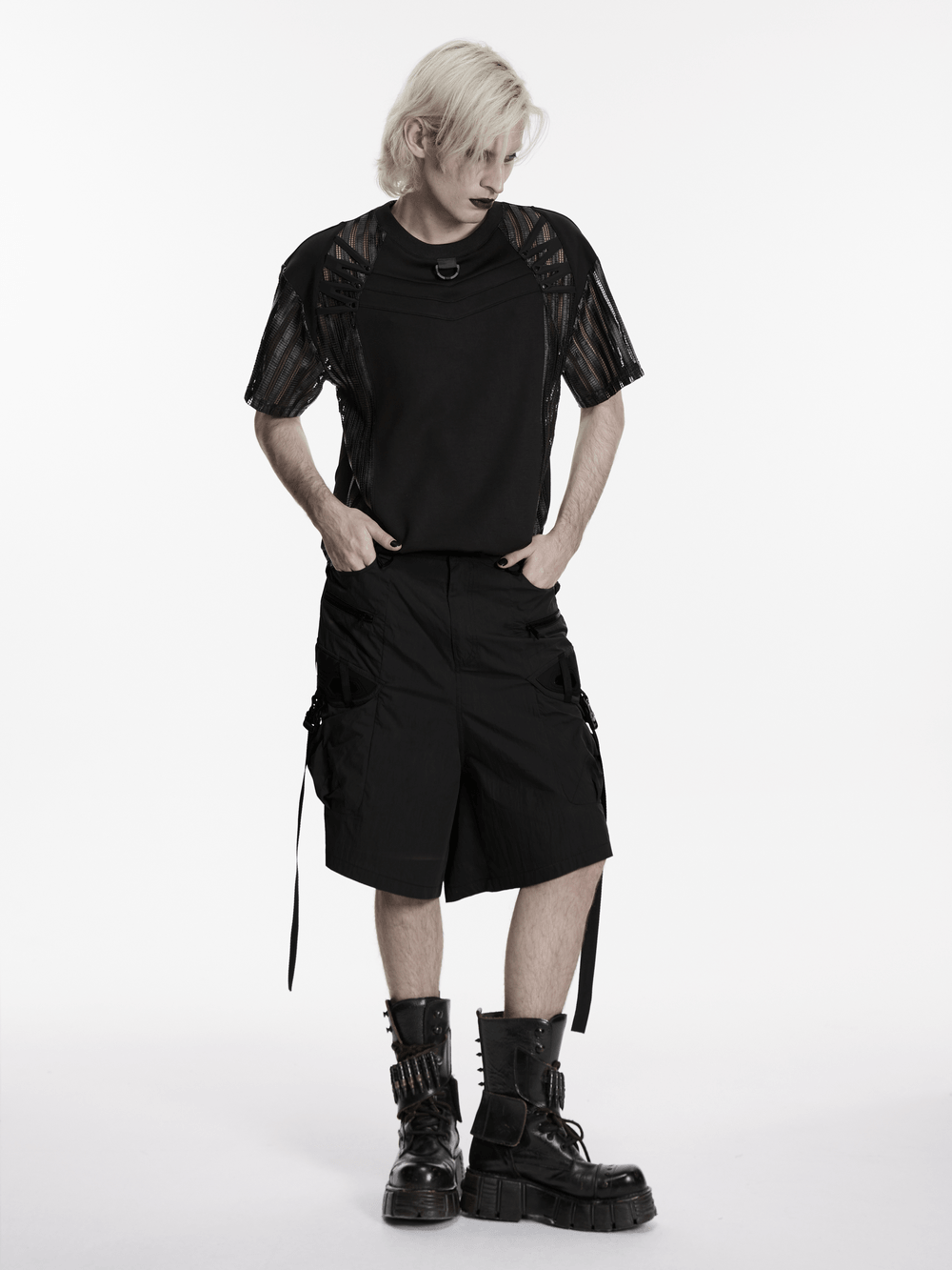 Black Techwear Cargo Shorts With Hanging Straps