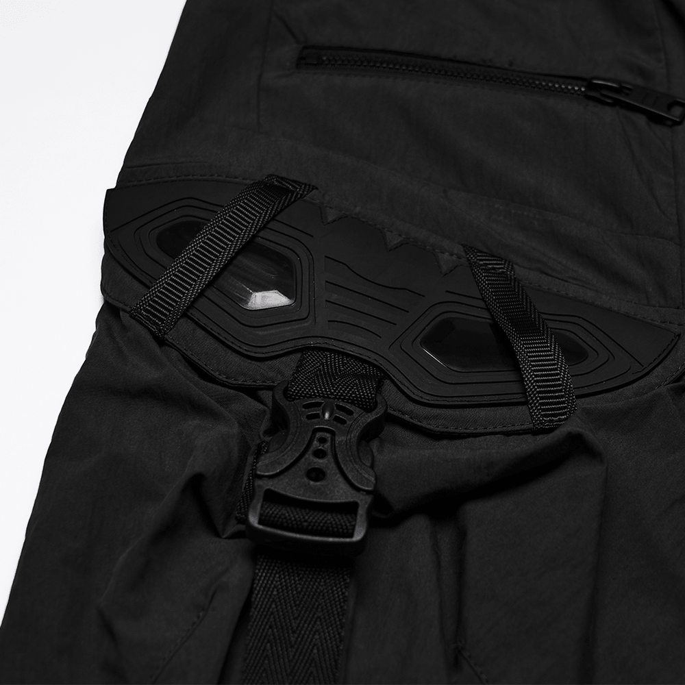 Black Techwear Cargo Shorts With Hanging Straps