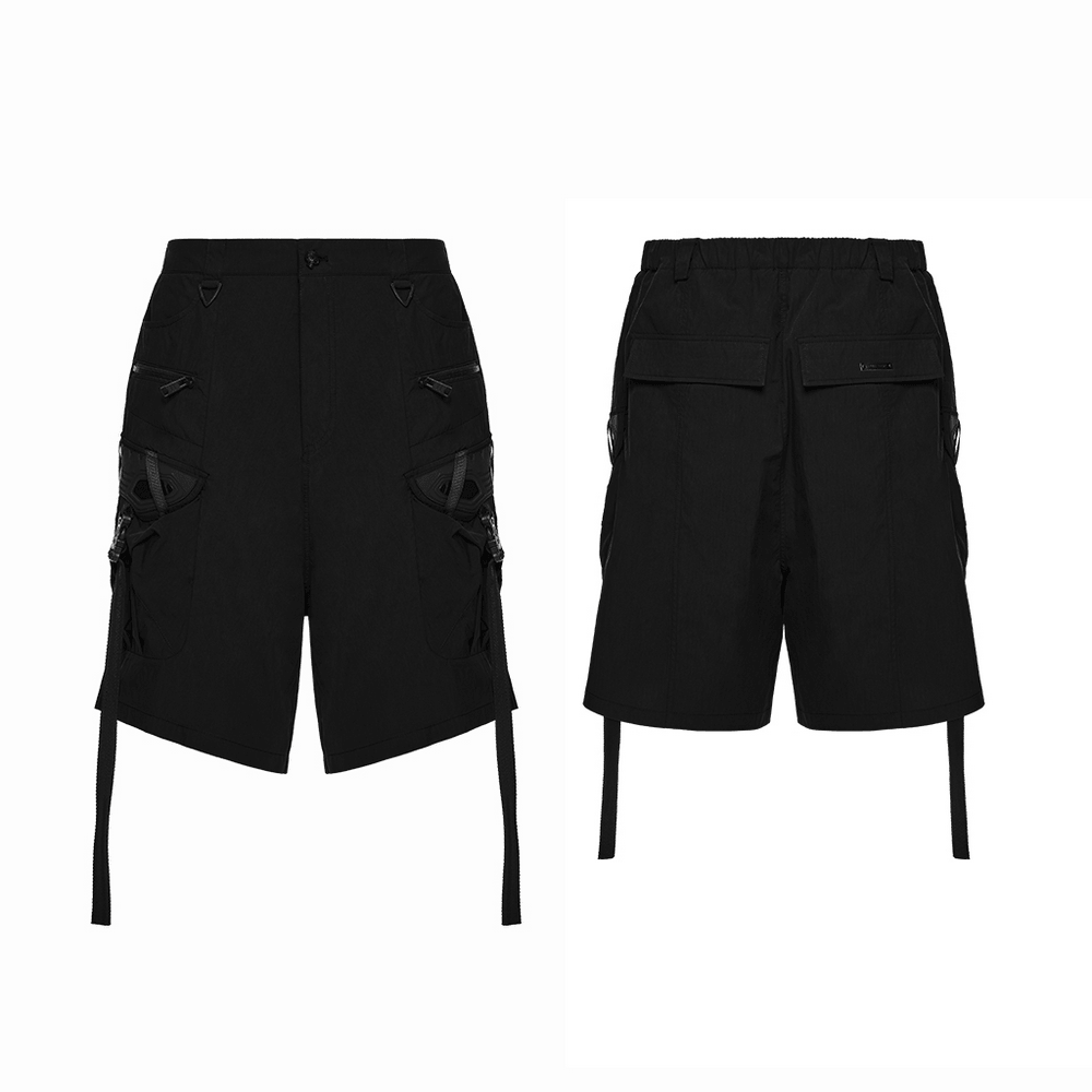 Black Techwear Cargo Shorts With Hanging Straps