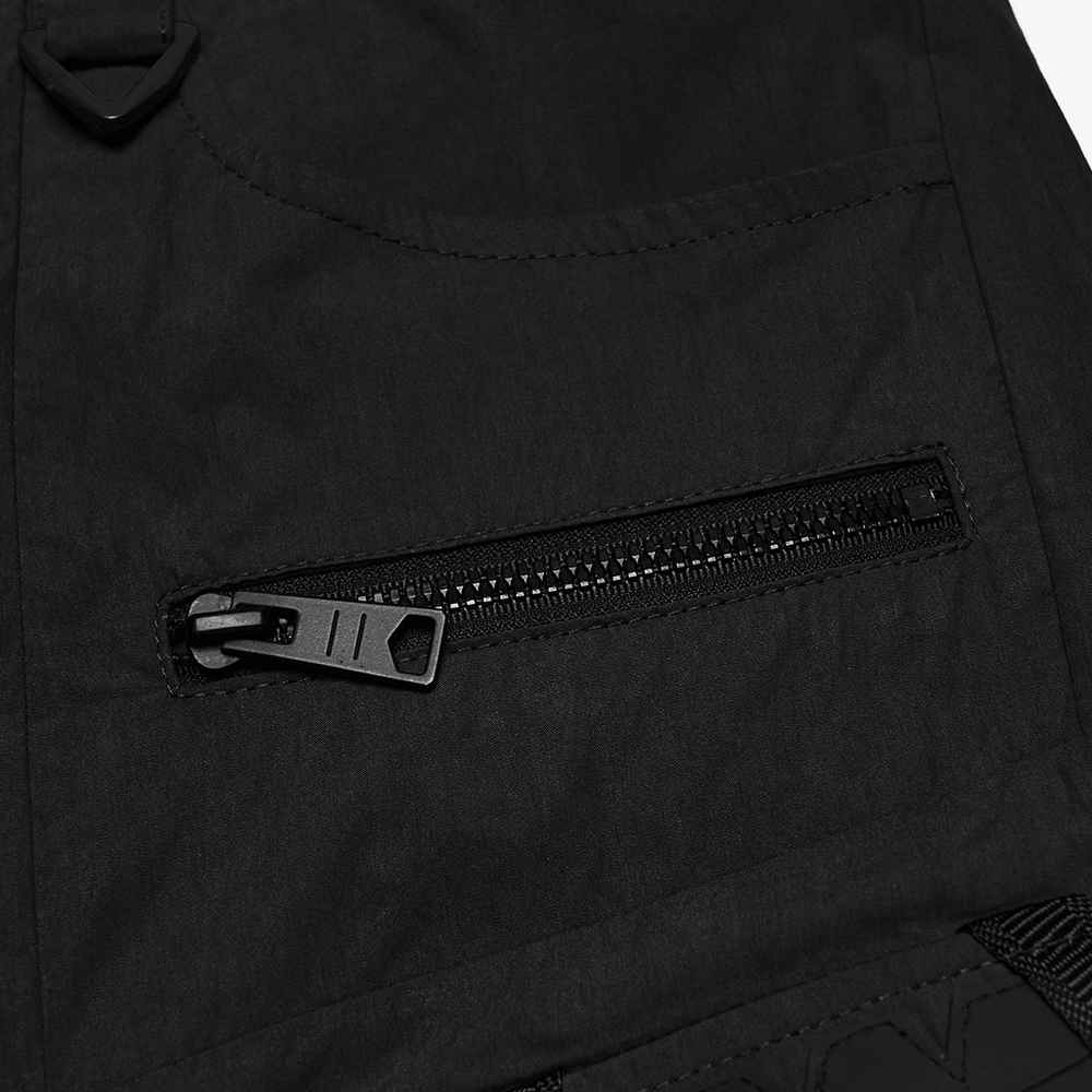 Black Techwear Cargo Shorts With Hanging Straps