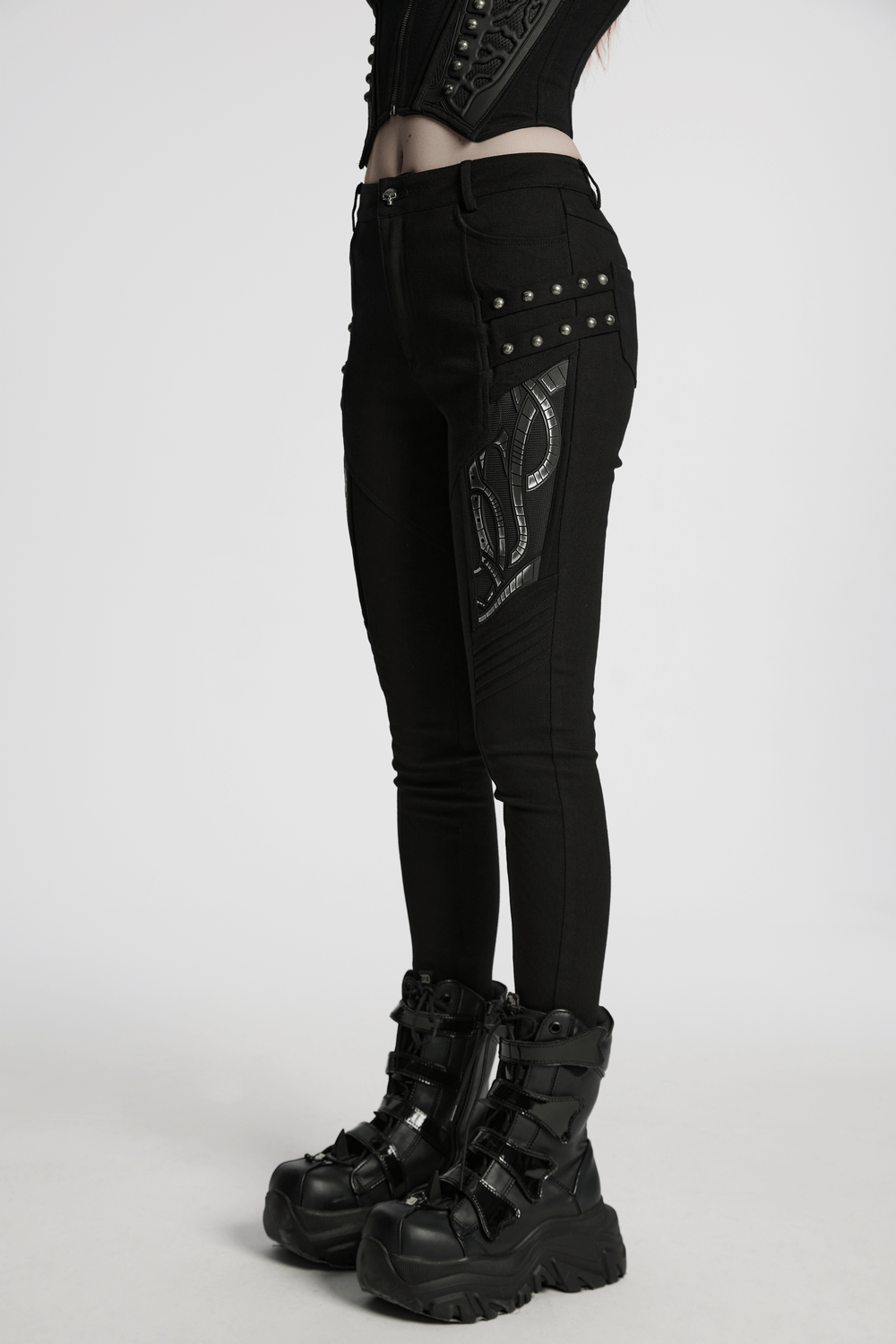 US SALE of Black Techwear Trousers with Rubber Patch Details