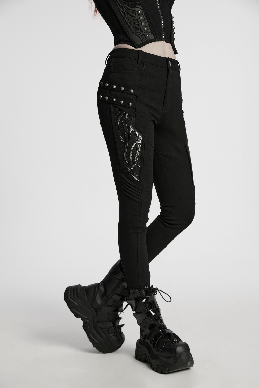 US SALE of Black Techwear Trousers with Rubber Patch Details