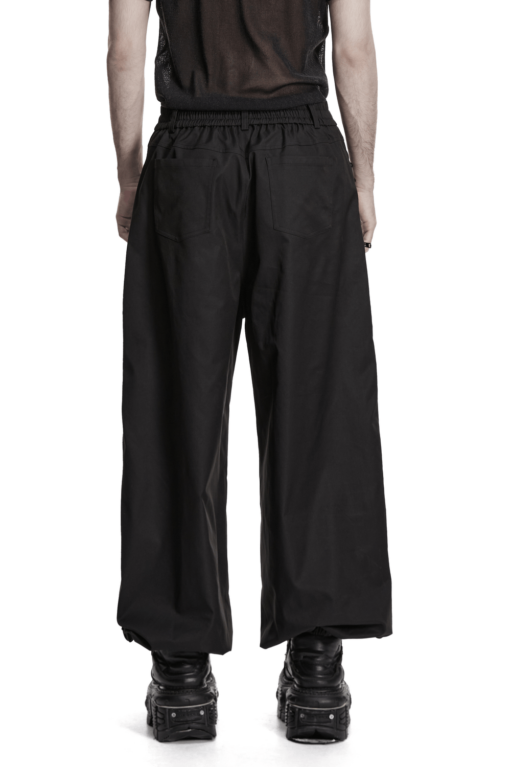 Black Techwear Wide Leg Pants with Pressed Strips