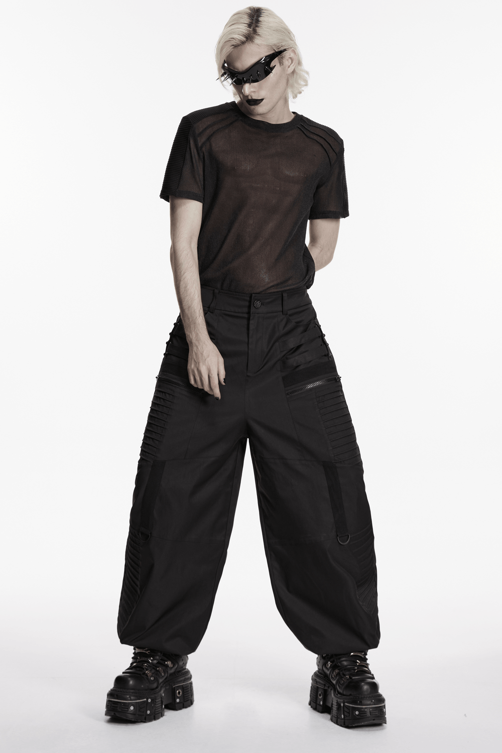 Black Techwear Wide Leg Pants with Pressed Strips