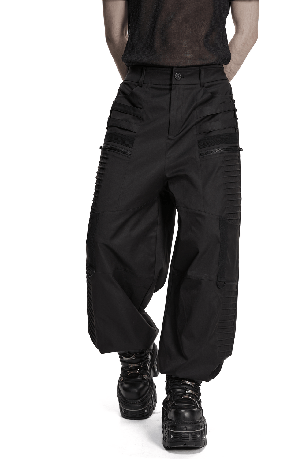 Black Techwear Wide Leg Pants with Pressed Strips