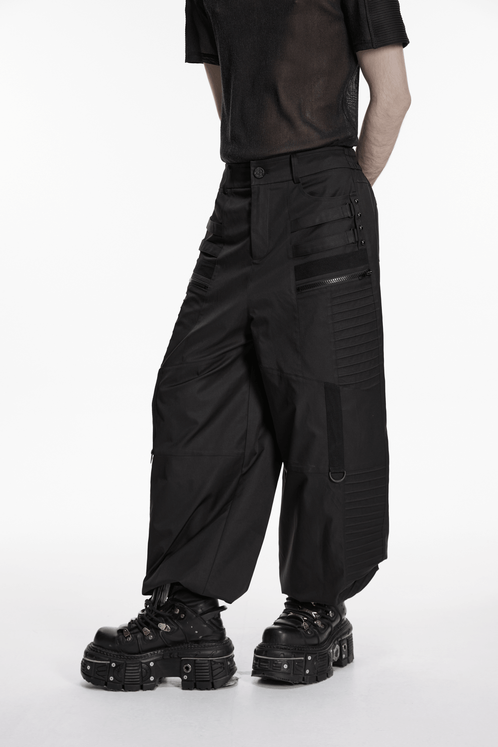 Black Techwear Wide Leg Pants with Pressed Strips