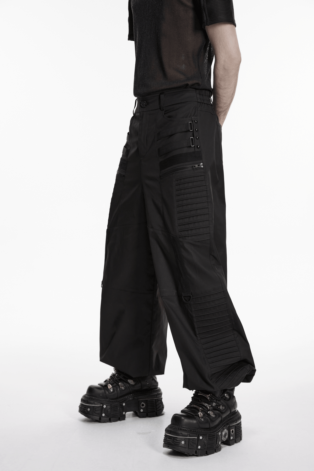 Black Techwear Wide Leg Pants with Pressed Strips