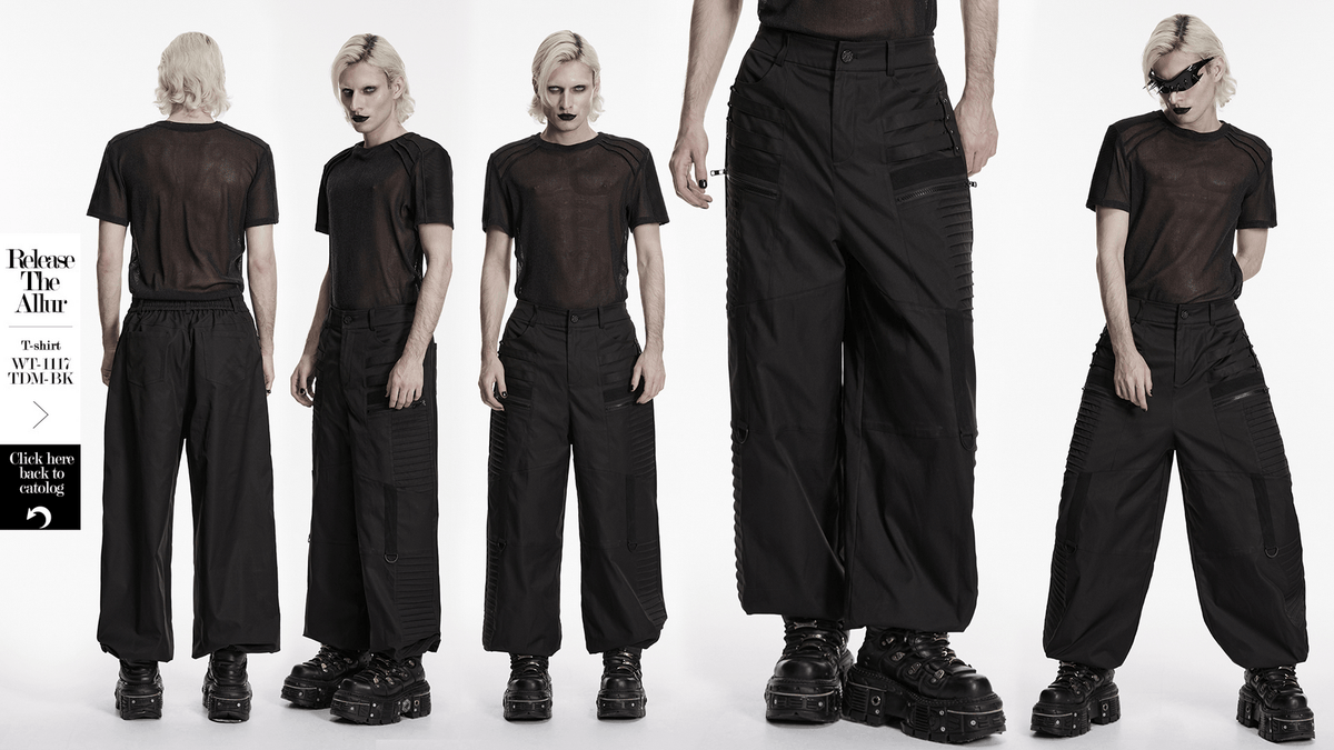 Black Techwear Wide Leg Pants with Pressed Strips