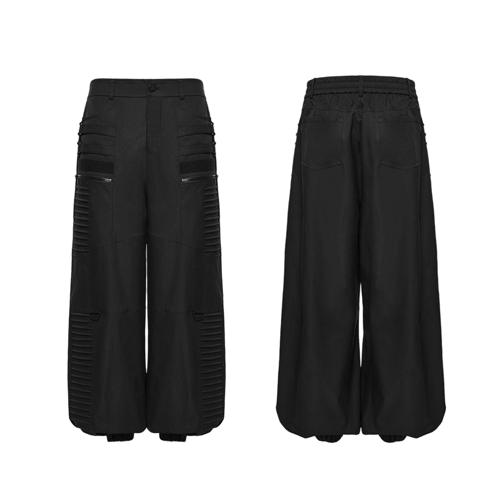 Black Techwear Wide Leg Pants with Pressed Strips