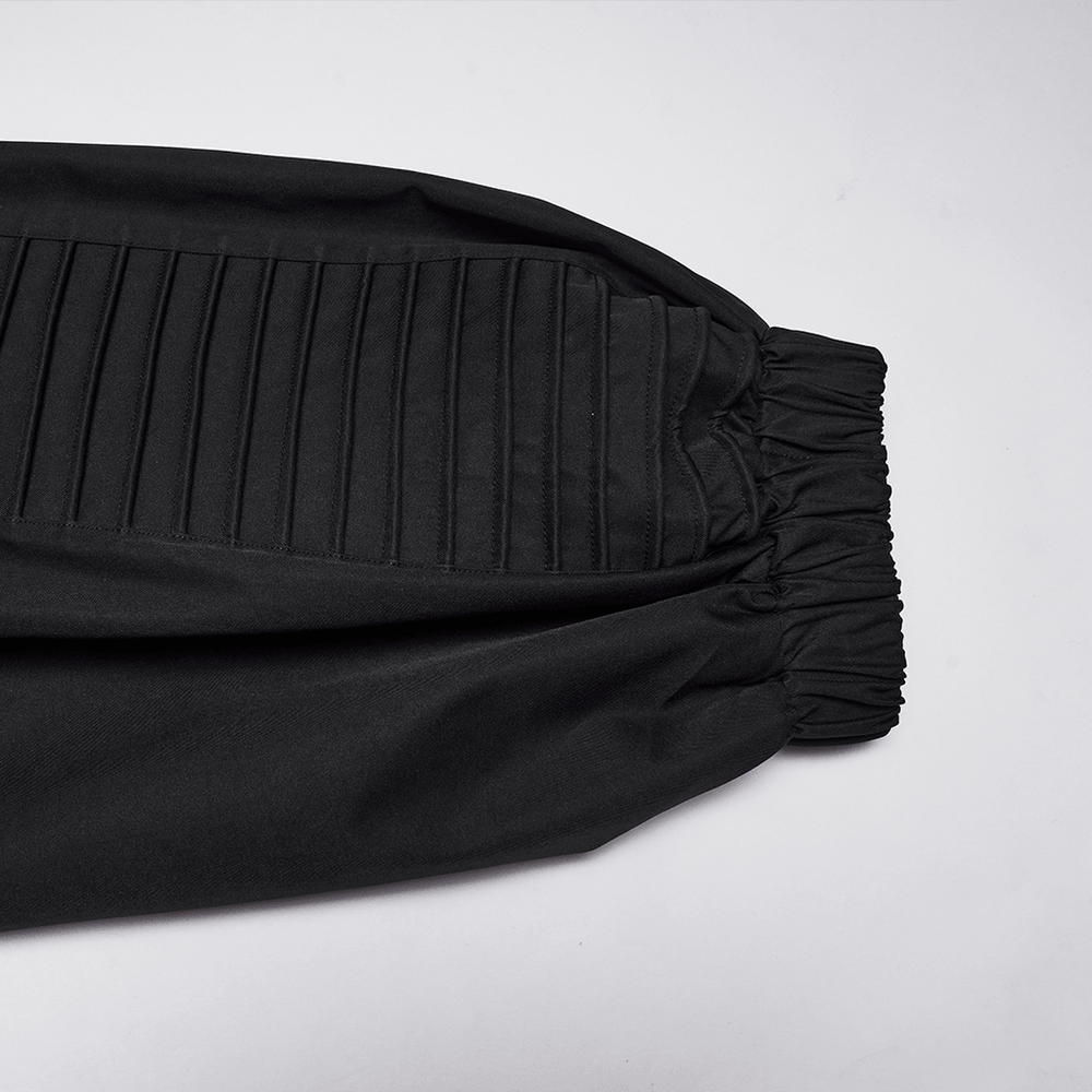 Black Techwear Wide Leg Pants with Pressed Strips