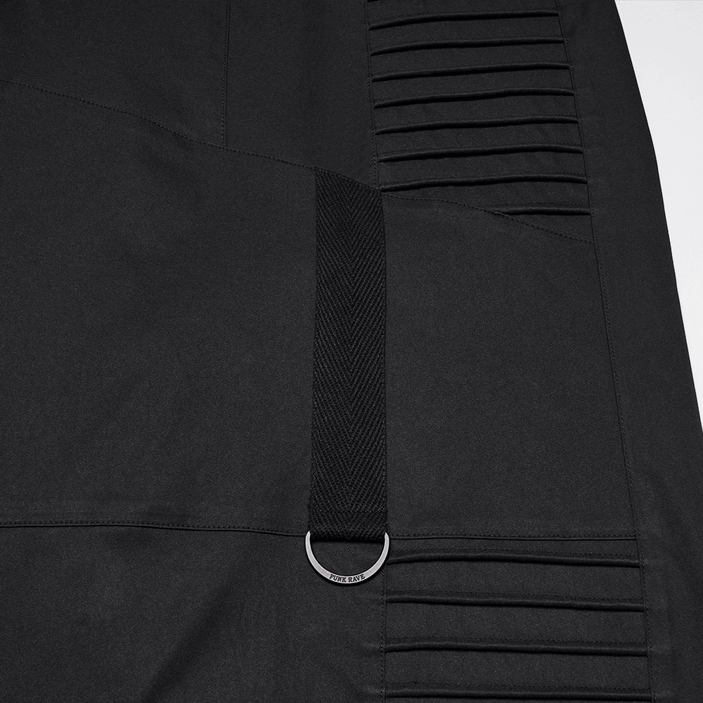 Black Techwear Wide Leg Pants with Pressed Strips