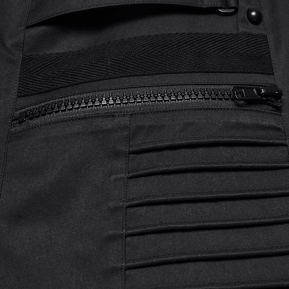 Black Techwear Wide Leg Pants with Pressed Strips